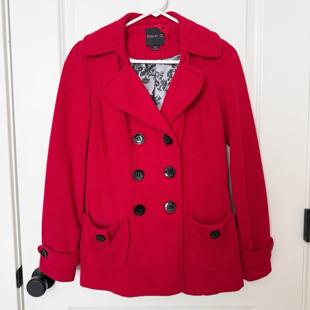 VTG Forever 21 Y2K Red Corduroy Double Breasted Peacoat Sz Medium Gilmore Girls